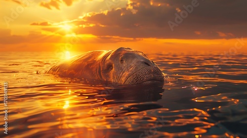 Manatee swimming in ocean at sunset with golden light reflecting on the water surface at dusk hour on transparent background silhouette