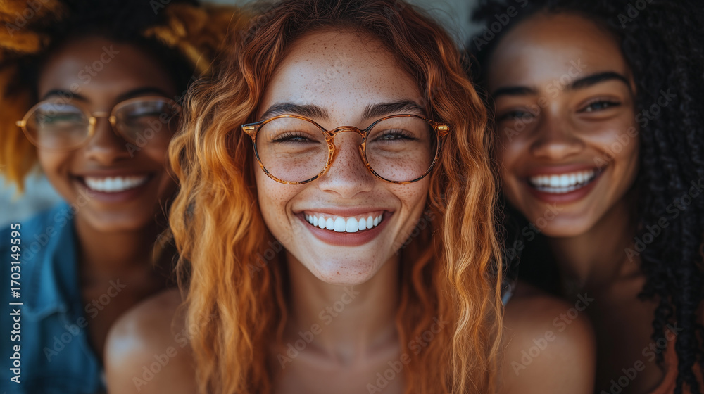 Radiant Trio: A captivating portrait of three diverse individuals, their genuine smiles illuminating a shared bond of joy and connection, exuding warmth and positive energy.