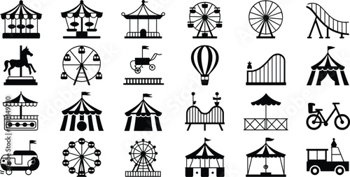 Amusement park icons, carnival ride clipart, ferris wheel silhouette, circus tent vector, fairground attraction symbols, funfair and festival