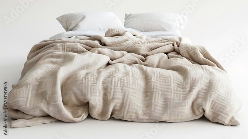 A bed with white pillows and a beige blanket with a subtle pattern on a white background studio shot on transparent background silhouette