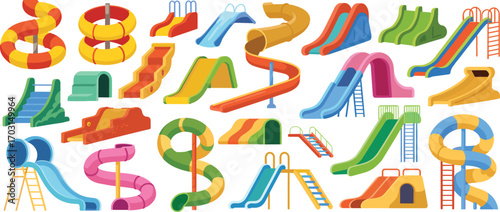 Collection of colorful water slides and playground slides for kids, spiral, tunnel, and fun park slides in cartoon style