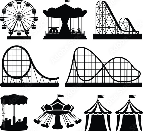 Amusement park rides, roller coasters, ferris wheel, carousel, carnival tents, swing ride, bumper cars, theme park attractions, funfair entertainment, family fun