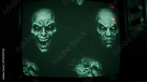 Analog-horror CRT wall with demonic faces in static