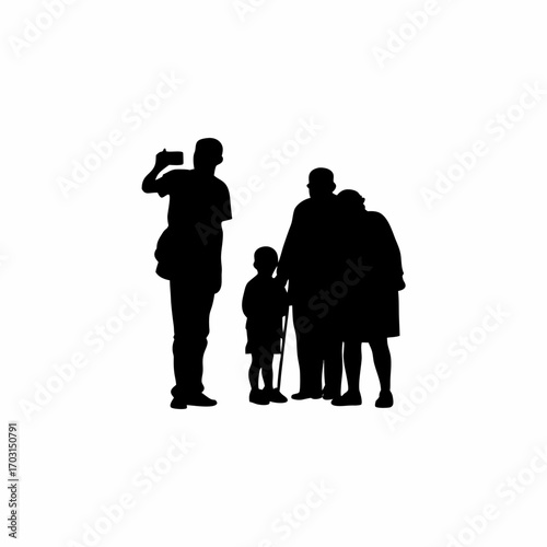 Family silhouette taking a photo with elderly parents on a white background
