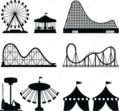 Amusement park rides silhouettes, roller coasters, ferris wheel, carousel, swing ride, bumper car, circus tents, funfair attractions, entertainment icons