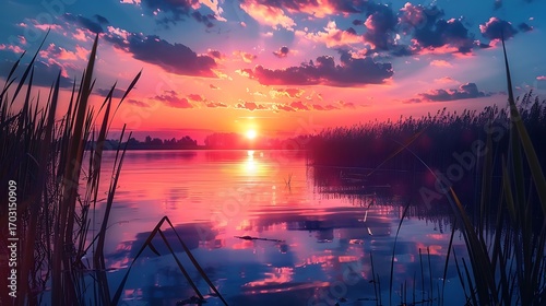 Beautiful sunset over a lake with tall grass and clouds reflecting in the water at dusk or dawn time on transparent background silhouette