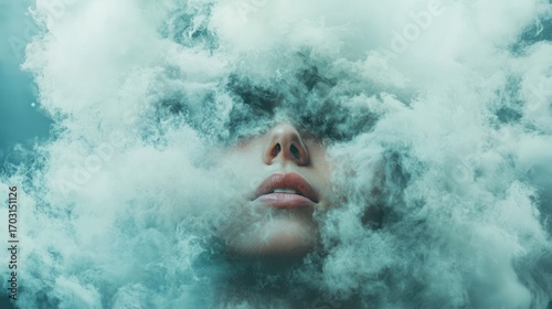 Submerged face enveloped in ethereal, swirling mist.