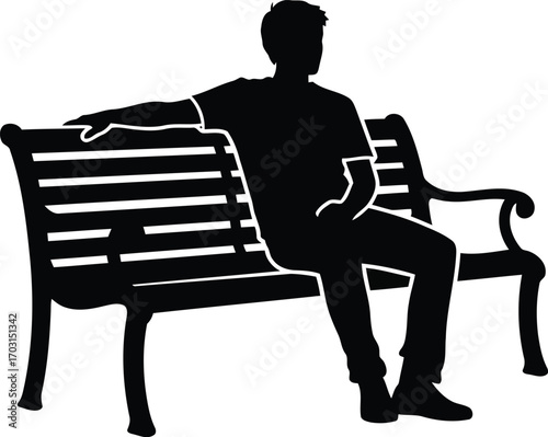 Silhouette man sitting on park bench relaxing outdoor leisure peaceful moment contemplation vector