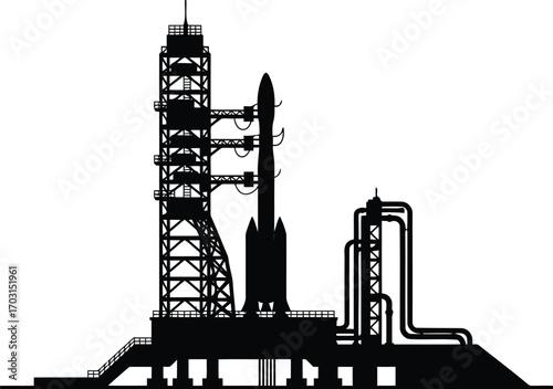 Silhouette of rocket launch pad and spacecraft ready for blast off outer space mission vector