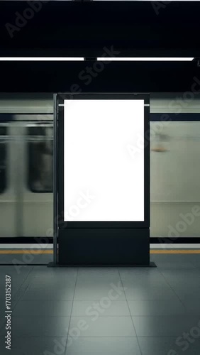 Subway station scene with a blank advertising billboard and blurred train moving in the background on tiled floor