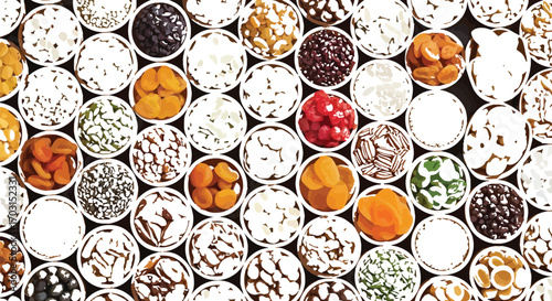 Assortment of dried fruits and nuts in wooden bowls creating a vibrant and healthy snack background perfect for nutrition dieting and natural food concepts and advertising
