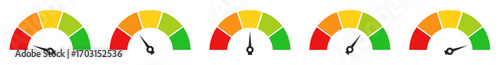 Speedometer icons set. Dashboard performance indicator sign symbol. Colorful rating gauge meters icons set. Multiple feedback and performance indicator speedometer icons. Vector illustration.