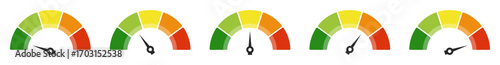 Speedometer icons set. Dashboard performance indicator sign symbol. Colorful rating gauge meters icons set. Multiple feedback and performance indicator speedometer icons. Vector illustration.