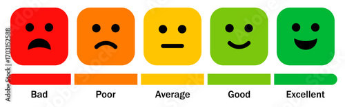 Set of colorful feedback rating emoji icons set in square shape with progress bar. Bad, poor, average, good and excellent. Rating emoji icon set isolated on white background. Vector illustration.