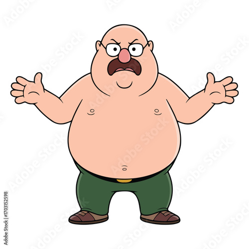 Cartoon Illustration of a Bald Overweight Man in Casual Clothes