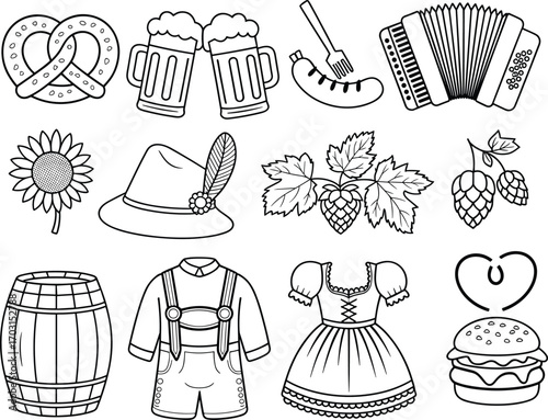 Oktoberfest icon set in black line art, featuring German beer, food, clothing, hops, pretzel, sausage, barrel, and music.