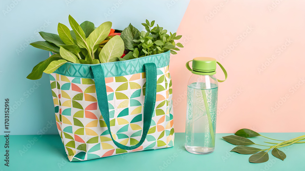 Fototapeta premium Colorful bag filled with fresh green leaves and water bottle tote reusable
