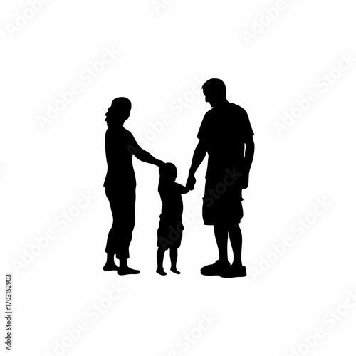 Family teaching child cultural traditions silhouette on white background
