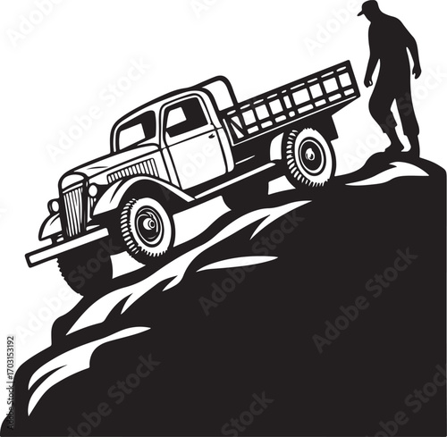Vintage Pickup Truck Silhouette with Man on Hill Vector Illustration