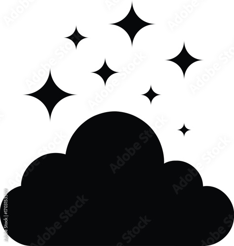 Black Cloud with Stars Icon – Dreamy Night and Sky Concept. A black cloud with stars is a dreamy scene.