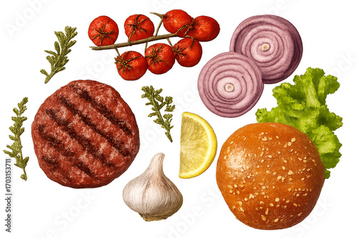 Deconstructed Burger with Floating Bun, Beef Patty, Cherry Tomatoes, Onion, Garlic, and Lemon Wedge