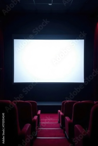 Empty white cinema screen on stand in dark auditorium , movie background, white backdrop, movie