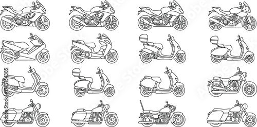 Motorbike and scooter vector icons collection, outline style, motorcycle designs, transportation, vehicle set, retro, modern, delivery, urban commuting