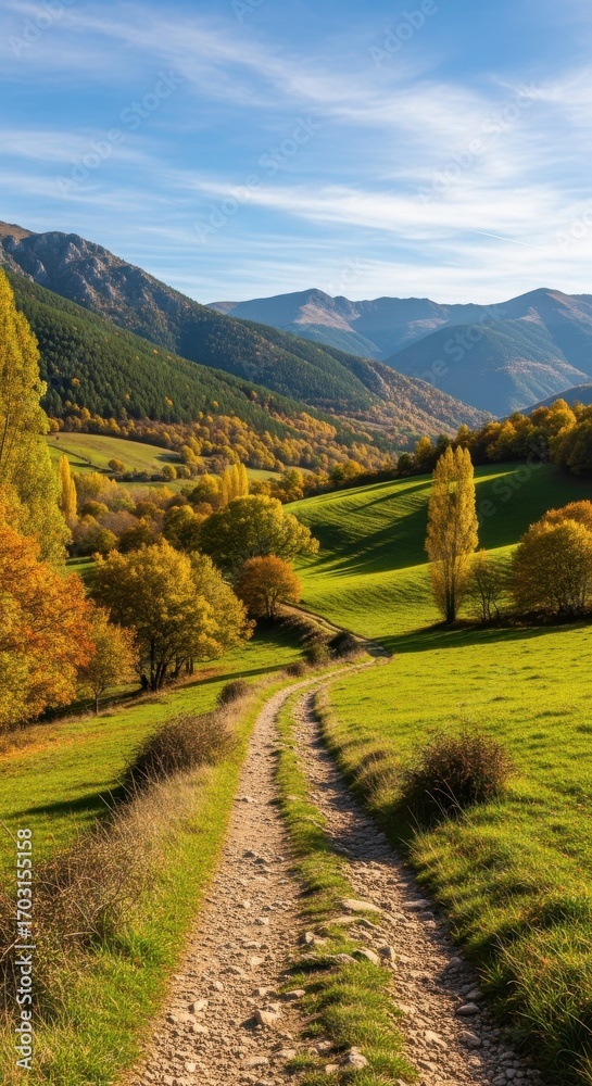 Obraz premium Idyllic landscape featuring a winding path through rolling hills scenery
