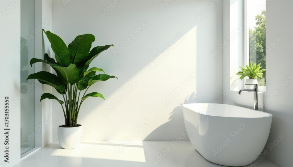 Fototapeta premium Lush Boston fern in white modern bathroom; ample copy space , green, elegant, wellness