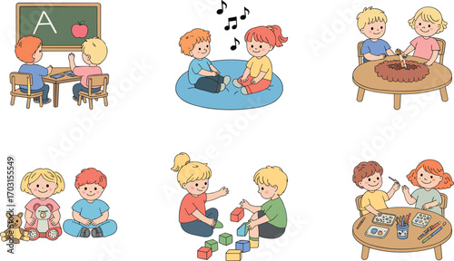 Children learning, playing, and exploring together in preschool, educational activities, teamwork, creativity, social skills, early childhood development, happy kids.