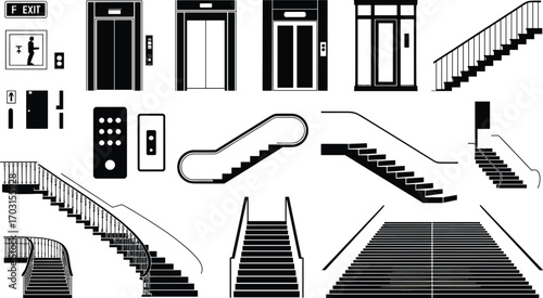 Set of black elevator and staircase icons, escalator symbols, architectural interior elements, building access design, modern vertical transportation vector collection