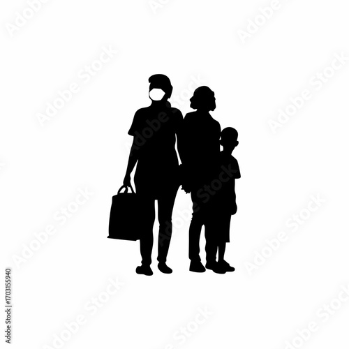 Family silhouette wearing masks against pollution on white background