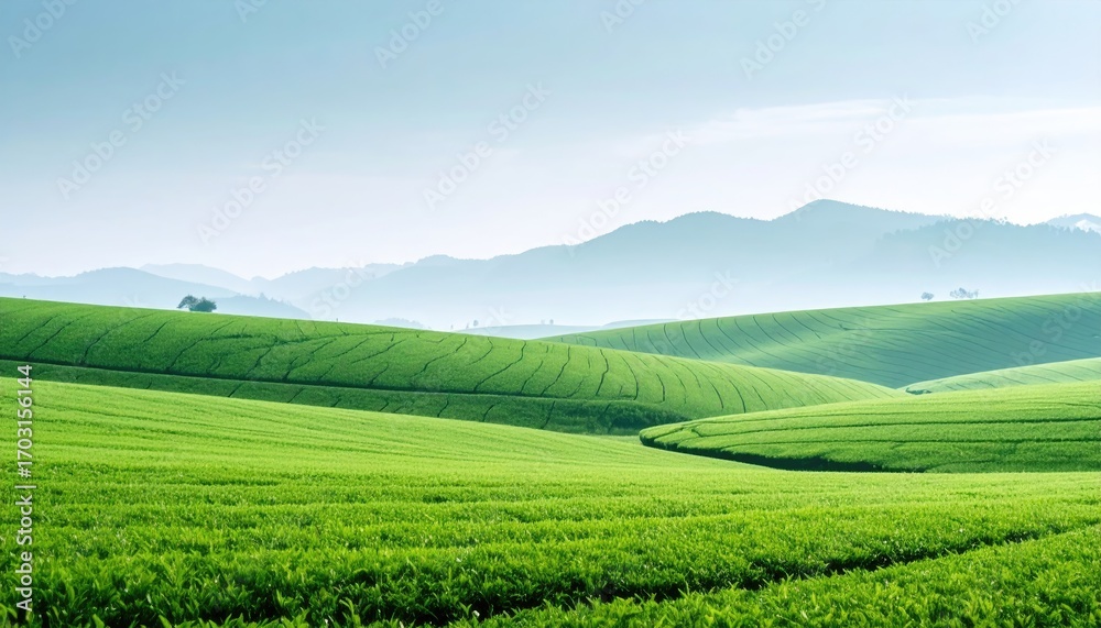 Naklejka premium Serene Green Tea Plantation Landscape Under a Clear Sky