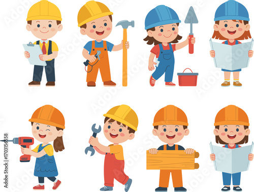 Cute children wearing safety helmets working with construction tools, building, engineering, teamwork, kids in hard hats, playful learning