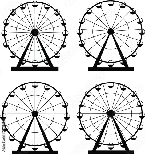Set of black Ferris wheel silhouettes, amusement park rides collection, carnival wheel icons, giant observation wheel vector illustration