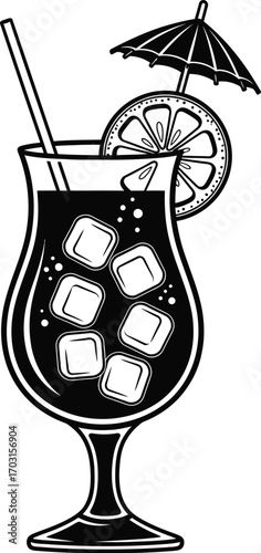 Refreshing Cocktail Glass Icon with Ice, Lemon and Umbrella Clipart Vector