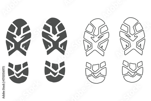 
Human footprint and shoe print silhouette vector icon set. Barefoot and boot prints collection. Steps, track, trail concept. Black isolated graphic elements. Walker