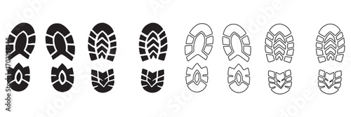 Human bare walk footprints shoes and shoe sole Kids feet vector set. footsteps icon or sign for print, trail Walking footstep and footprint follow route