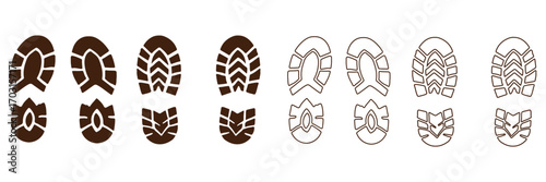Human bare walk footprints shoes and shoe sole Kids feet vector set. footsteps icon or sign for print, trail Walking footstep and footprint follow route
