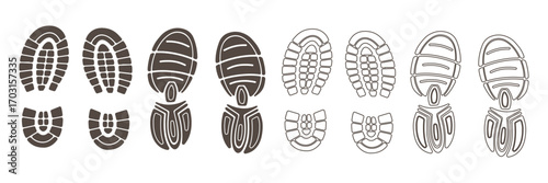 Collection of Black Footprints and Shoe Prints on White Background