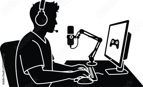 Gamer streamer silhouette with headphones and microphone at computer desk gaming setup illustration vector