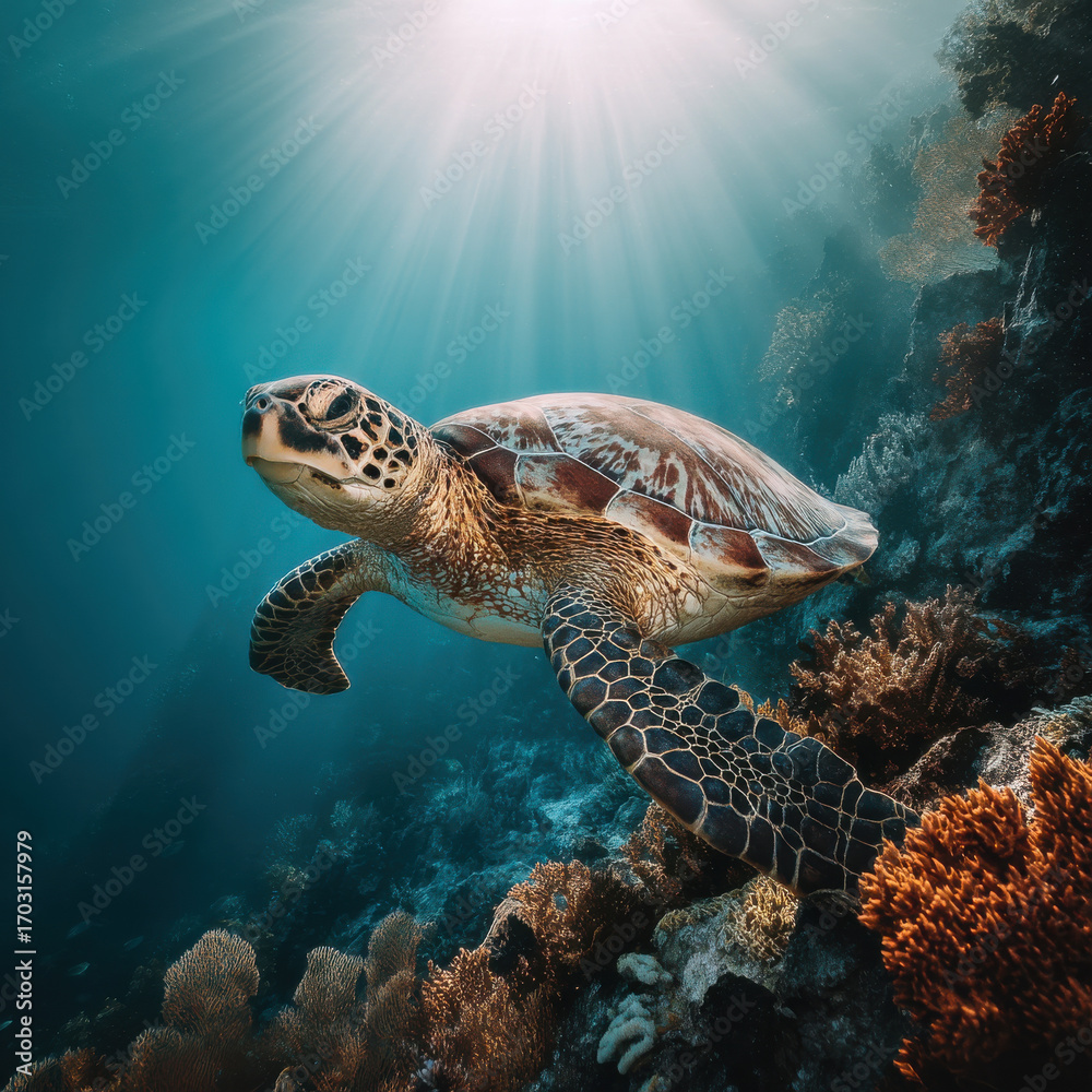 Fototapeta premium Sea turtle swimming underwater near coral reef with sunlight rays shining through clear blue ocean water