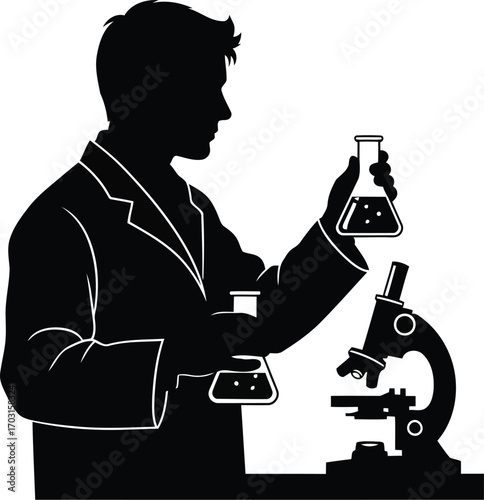 Scientist silhouette in lab coat with microscope and flask conducting research for scientific discovery vector