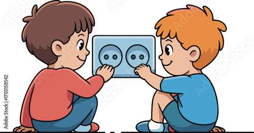 Two young boys playing dangerously with electrical power sockets, safety hazard, child safety, electrical danger, risk awareness concept.