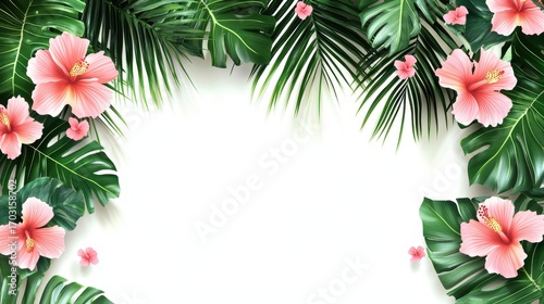 Tropical Floral Background with Hibiscus Flowers and Green Leaves
