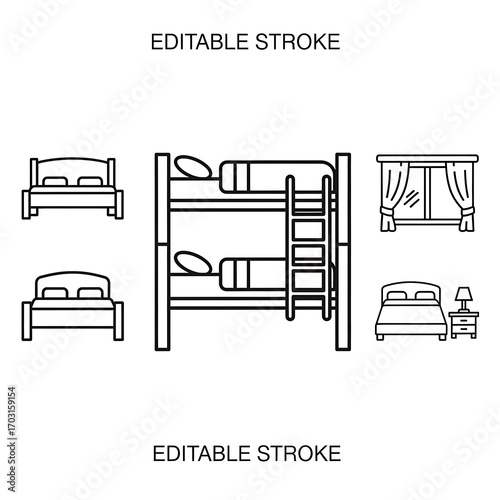 Collection of simple line art illustrations depicting various bedroom furniture.