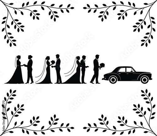 Wedding silhouette illustration, bride and groom couples, vintage car, floral frame decoration, romantic 