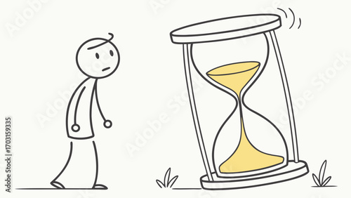 Anxious Stick Figure Watches Vibrating Hourglass with Dwindling Yellow Sand