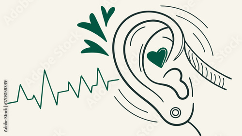 Artistic Illustration of an Ear with Soundwave and Heart Symbols