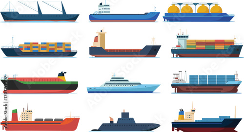 Vector cargo ship collection, commercial freight vessels, container ship illustration, tanker boat, cargo transport, maritime shipping, sea logistics icons